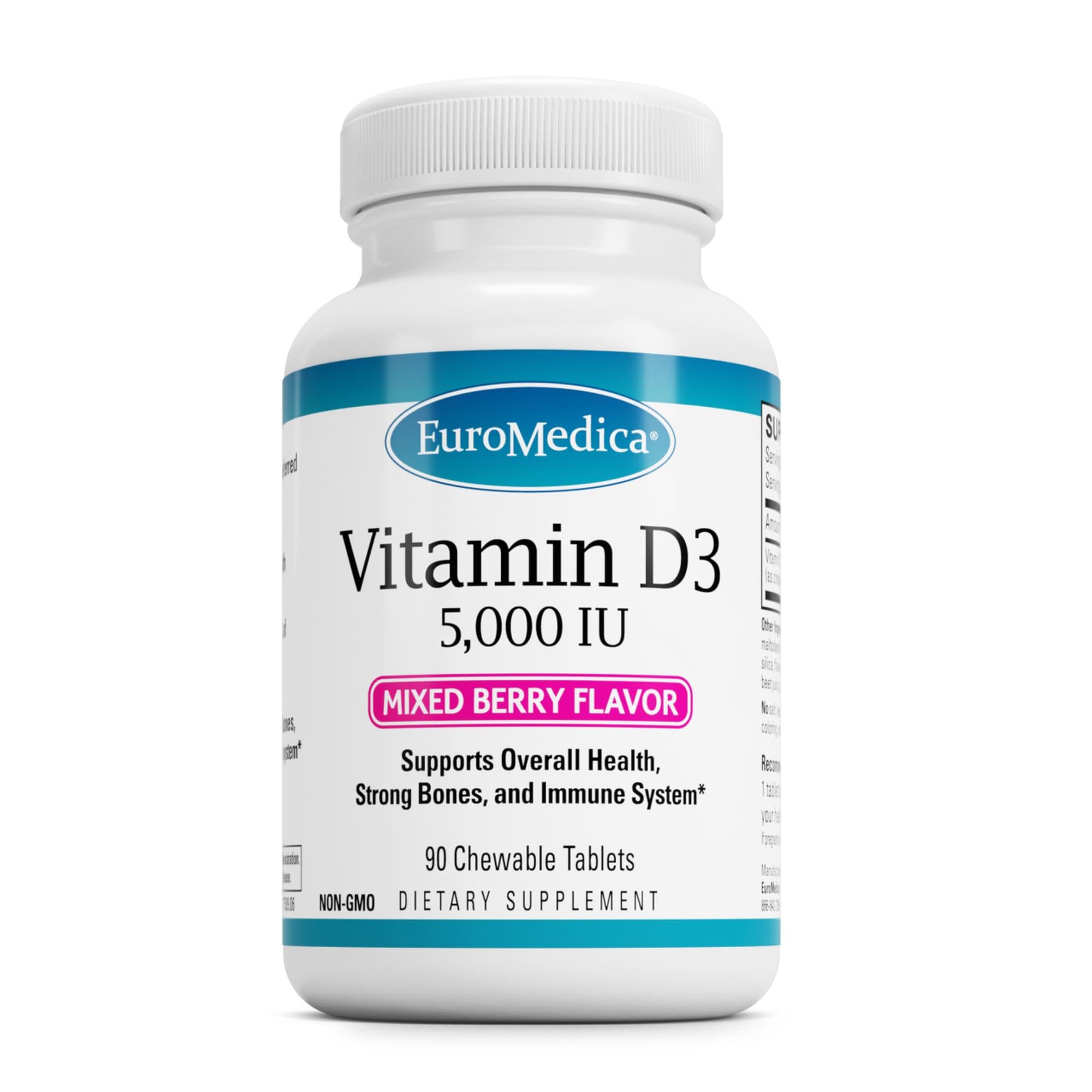 Envase EuroMedica Vitamin D3 masticable vista frontal con beneficio conveniencia diaria
