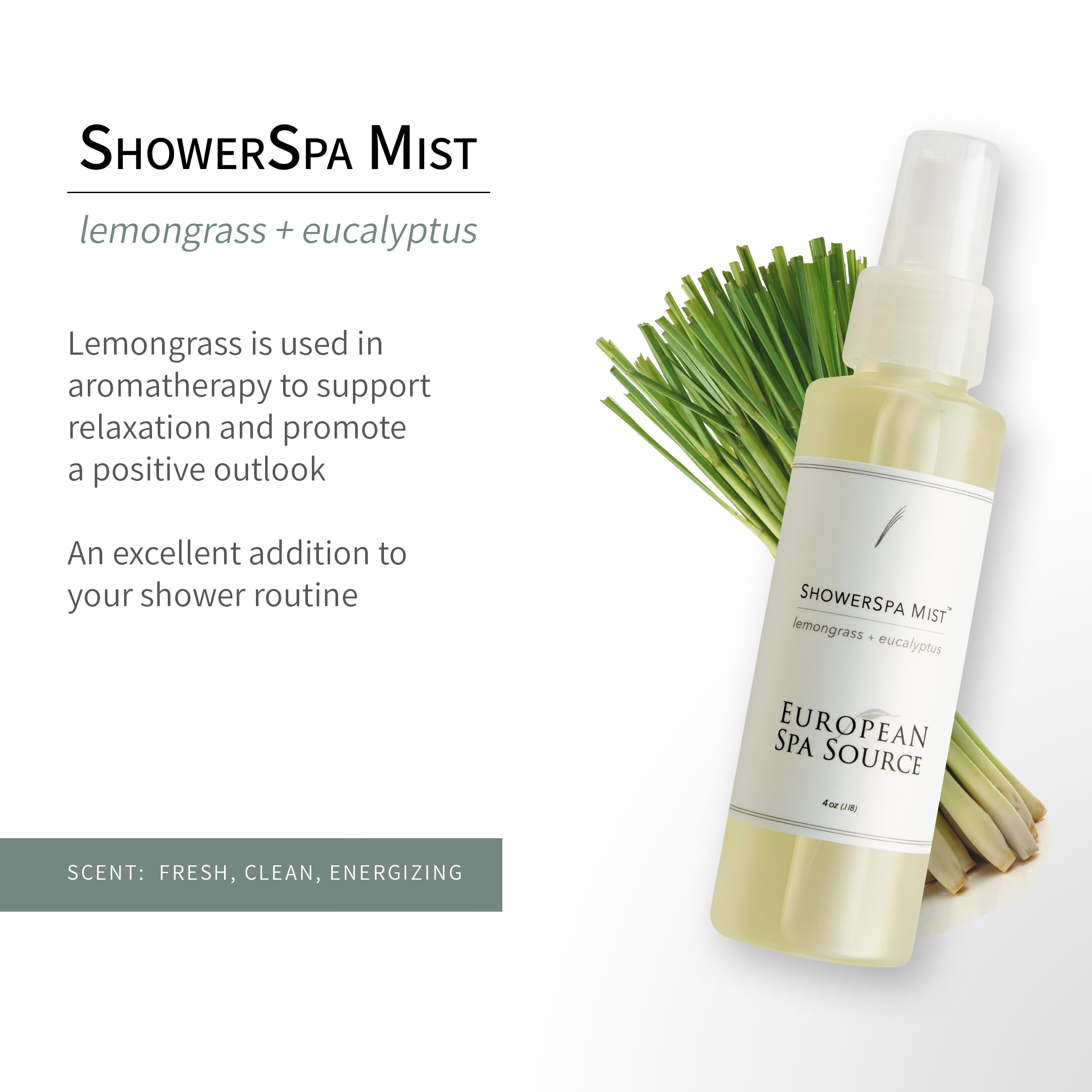European Spa Source etiqueta legible que destaca aroma lemongrass y eucalipto