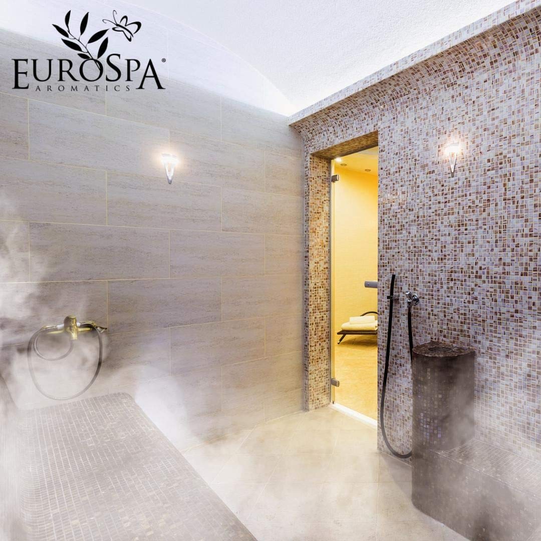 EuroSpa Aromatics botella con vapor ilustrando uso en baño de vapor