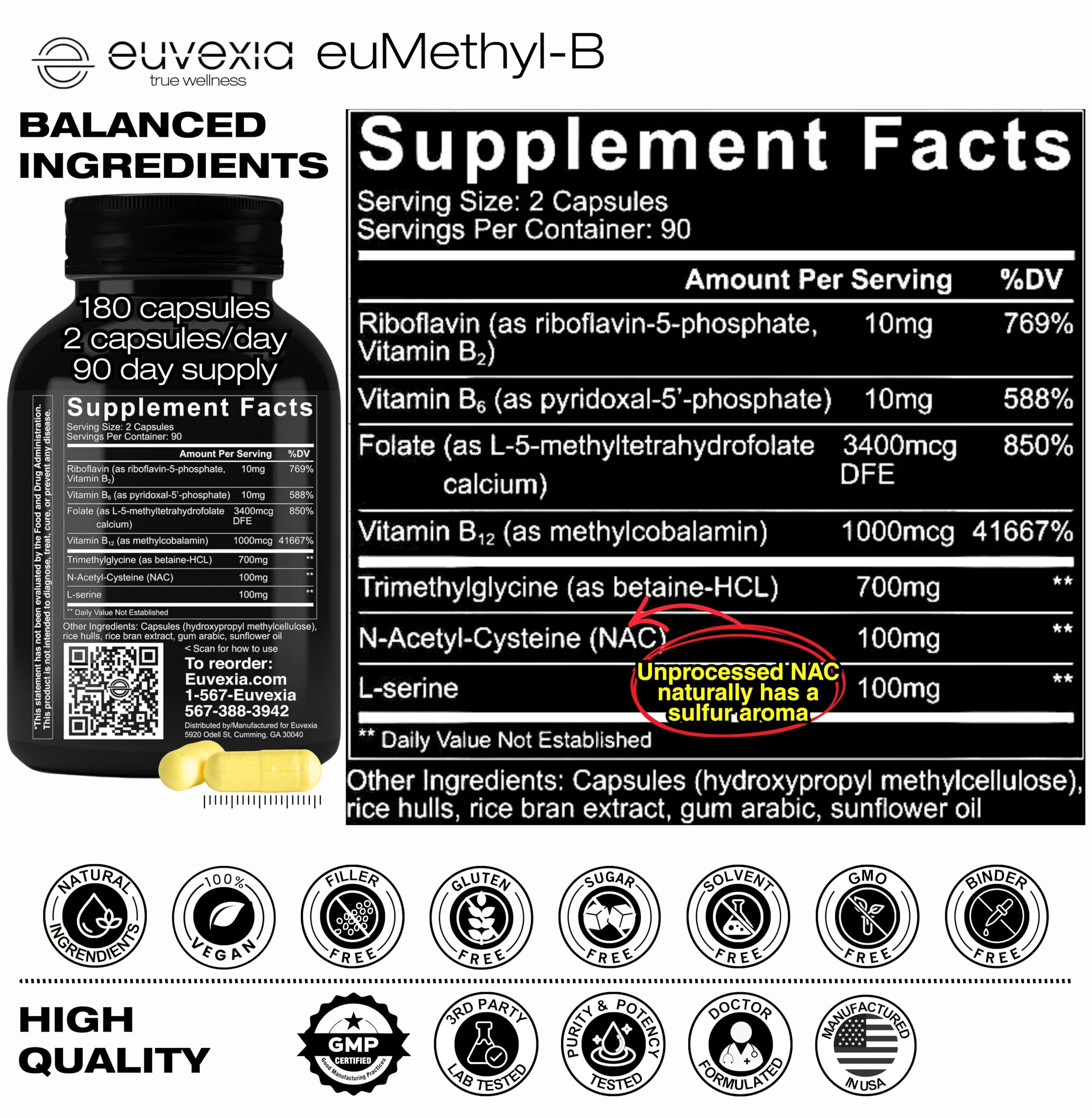 Comparación de tamaño de cápsula euMethyl-B en la palma para referencia de dosificación