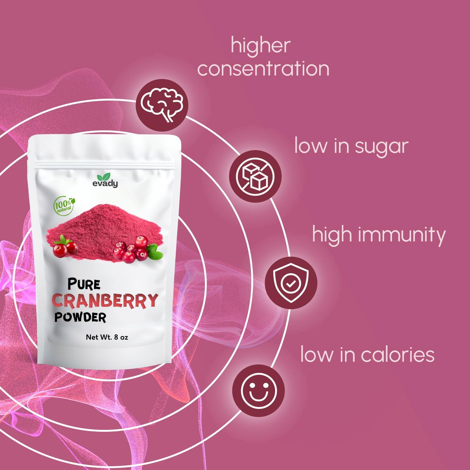 EVADY polvo en batido rosa realzando color y nutrición en bebida