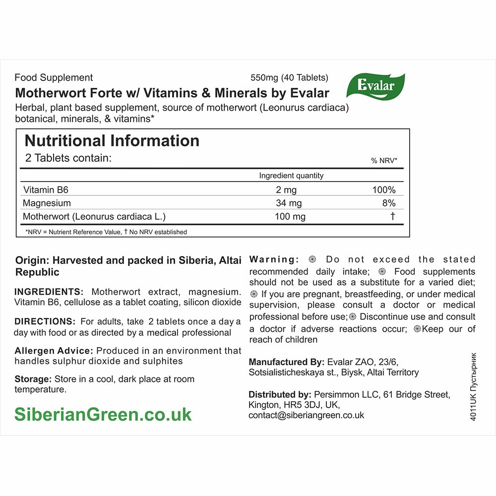 Etiqueta de Evalar Motherwort Forte con ingredientes destacados para identificación segura