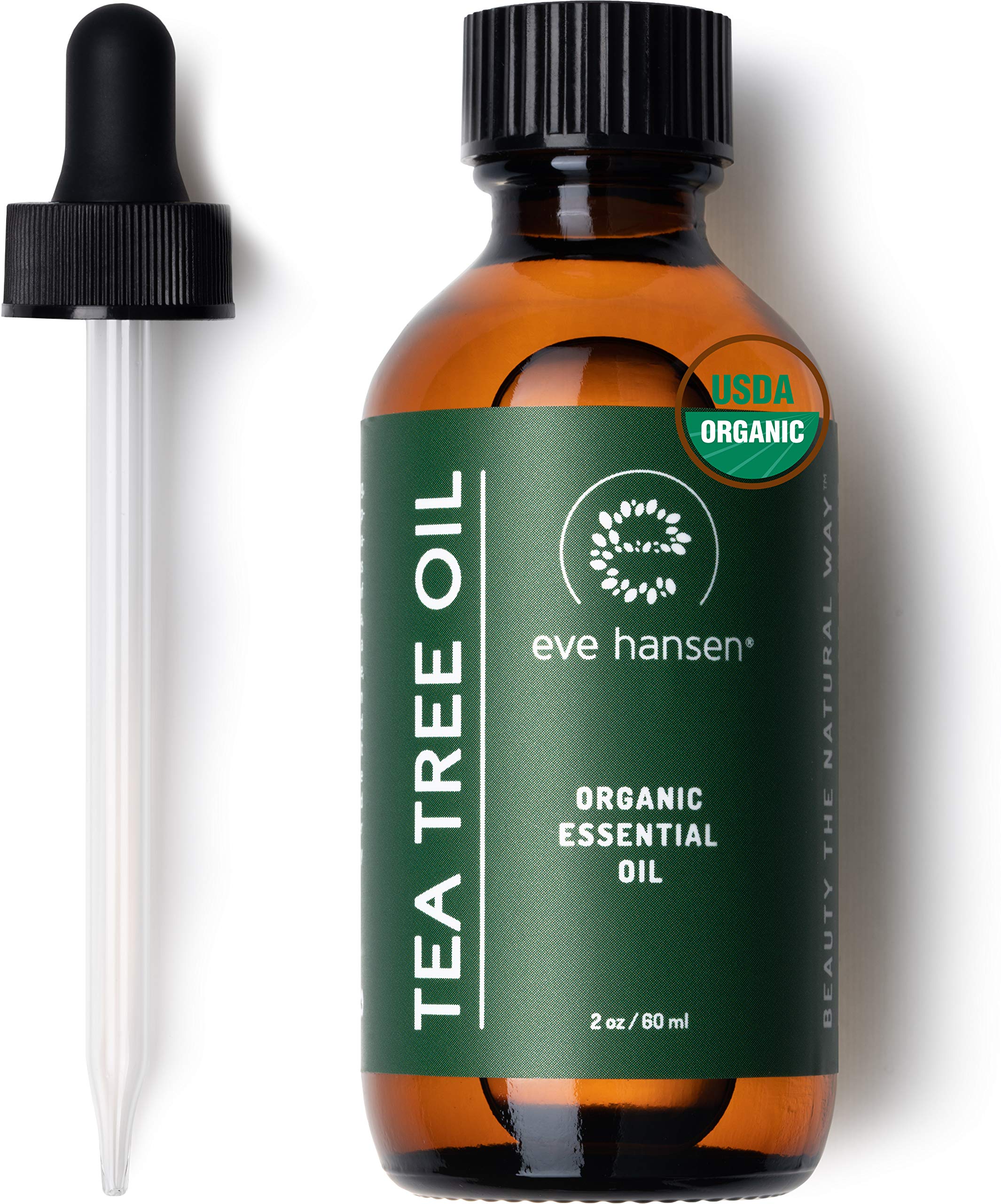 Eve Hansen envase frontal de aceite árbol de té, presentación clara y fresca