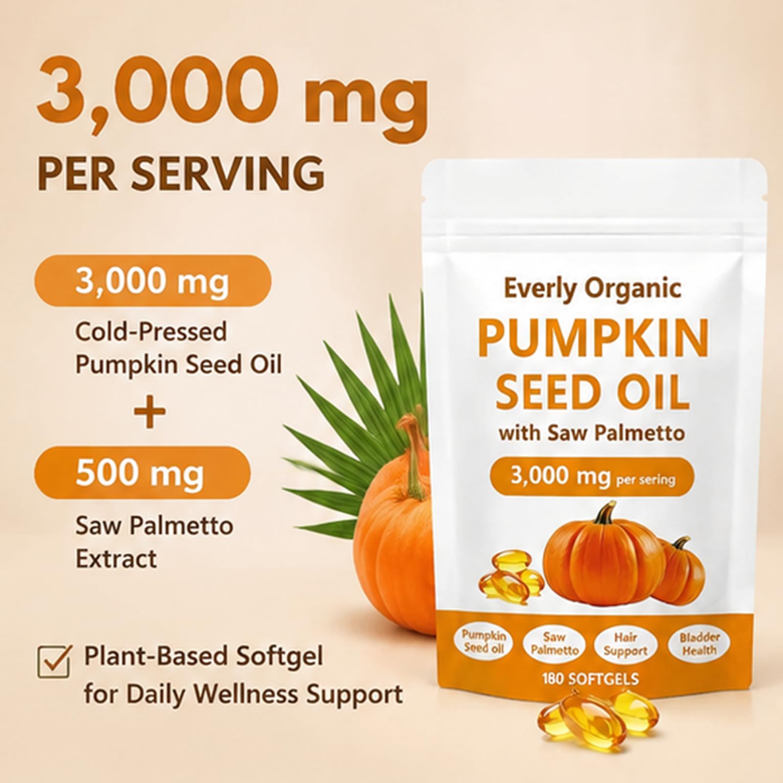 Everly Organic gota de aceite de semilla de calabaza resaltando ácidos grasos