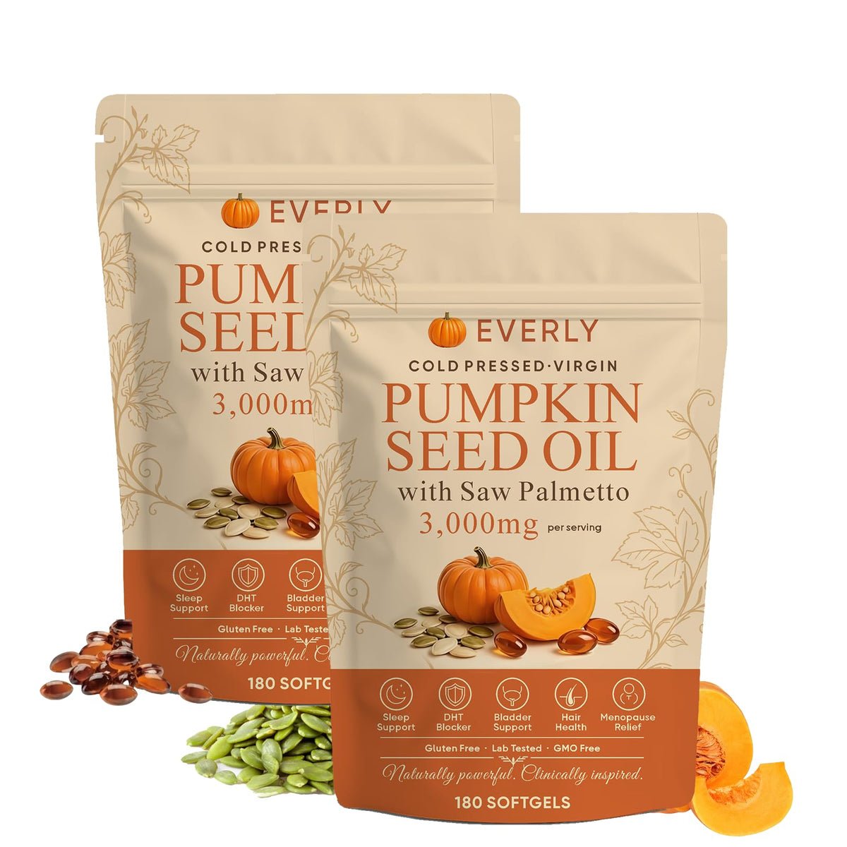 Everly Pumpkin Seed Oil vista frontal del empaque con claridad de marca y beneficio