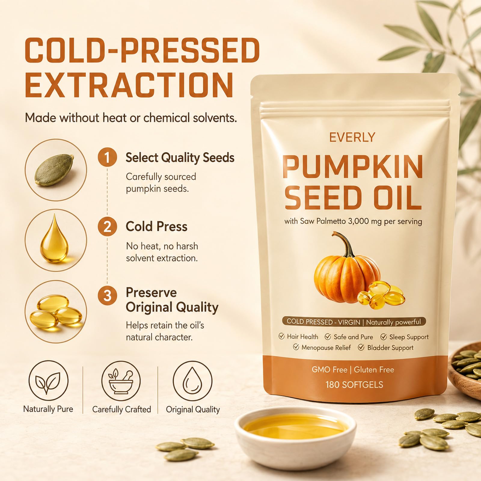 Everly Organic Pumpkin Seed cápsulas en mano muestra tamaño y conveniencia