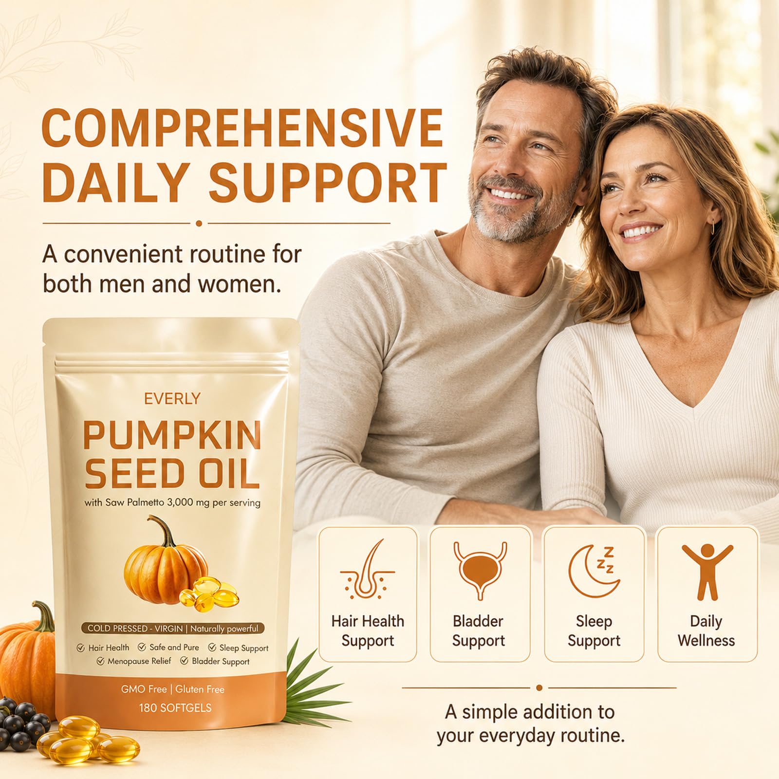 Everly Organic Pumpkin Seed botella junto a una moneda para comparar escala