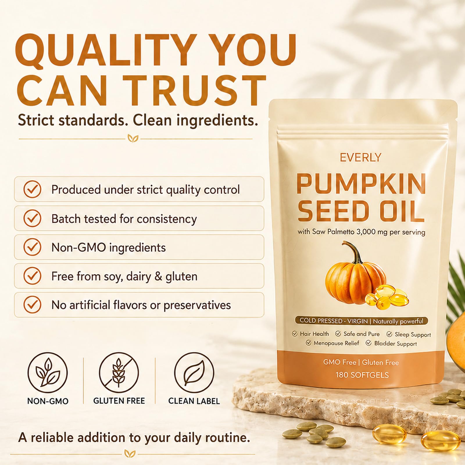 Everly Organic Pumpkin Seed softgel textura brillante que facilita la ingestión