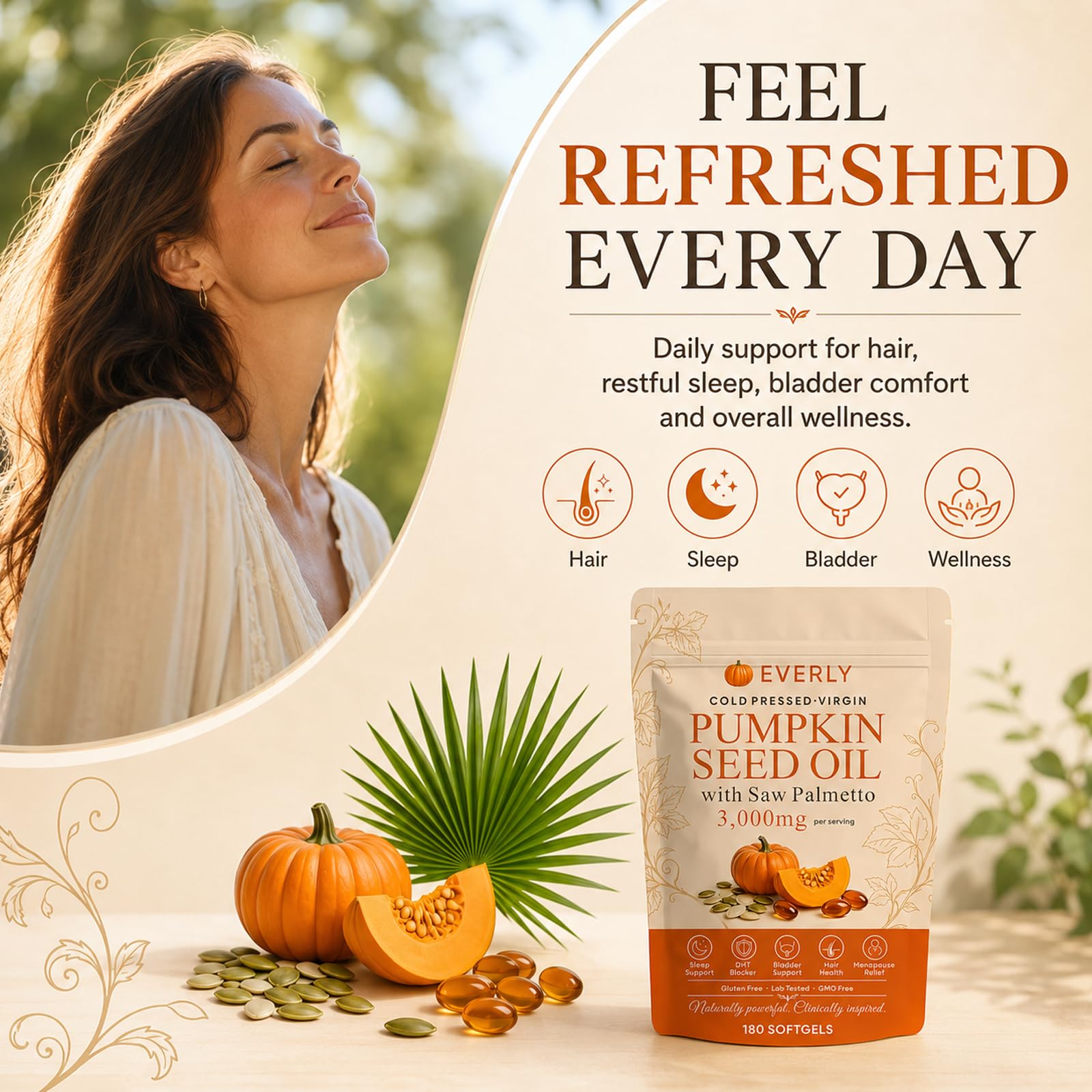 Softgels Everly dispersos sobre superficie ilustrando tamaño y cantidad por envase