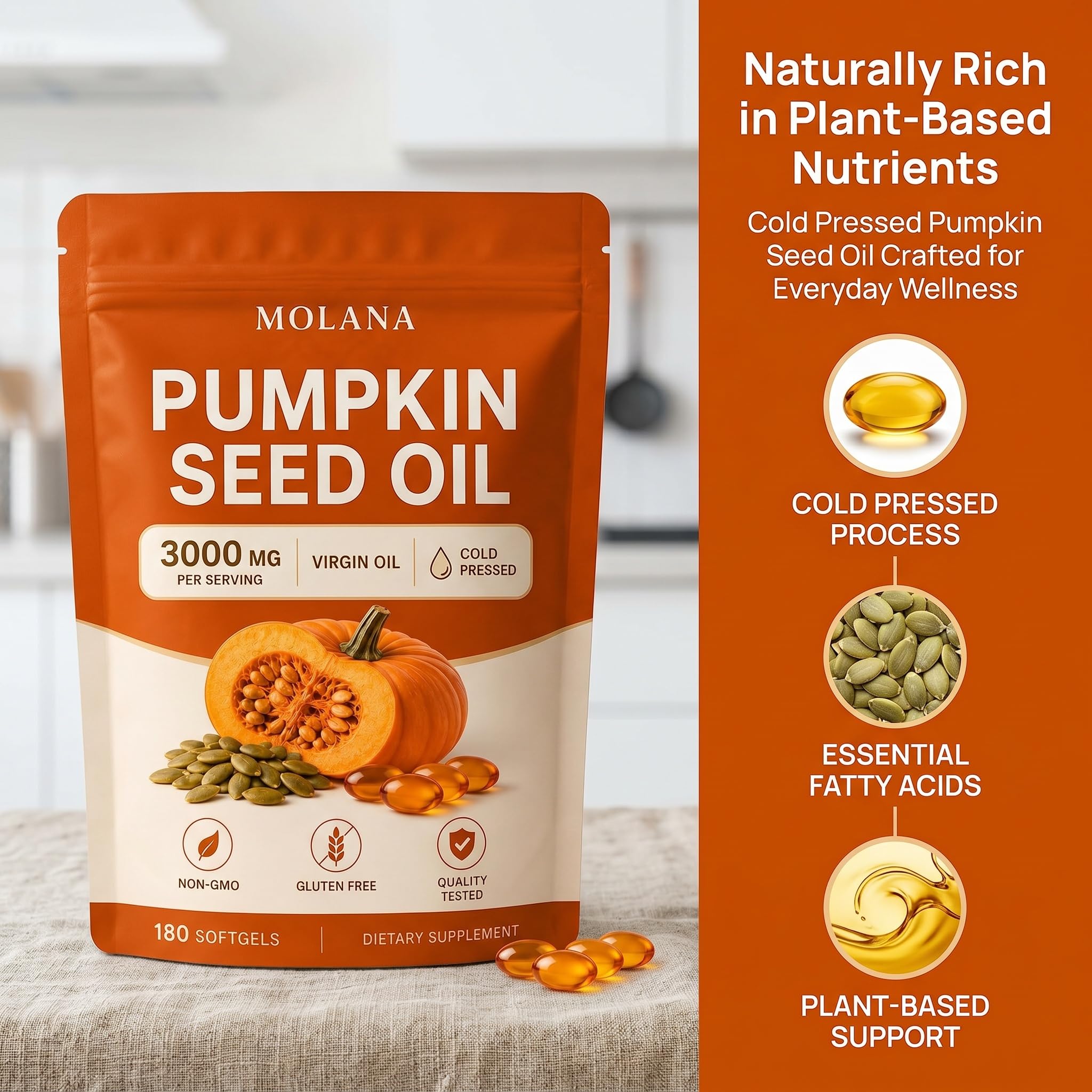 EVERVISION gota de aceite de semilla de calabaza resaltando pureza y prensado en frío