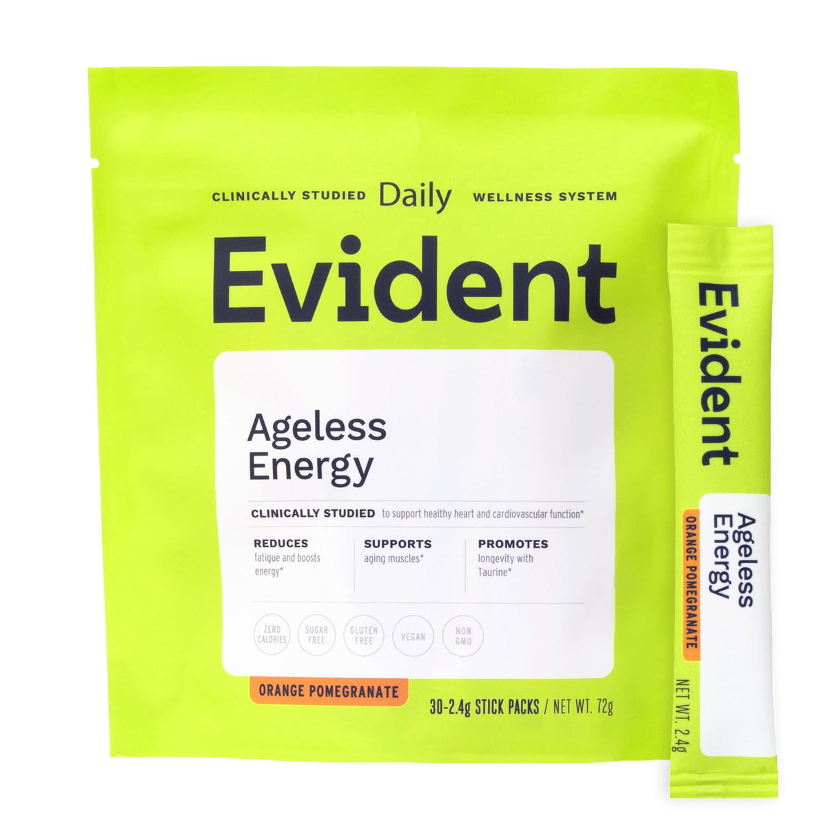 EVIDENT WELLNESS empaque frontal mostrando 30 sobres y diseño portable