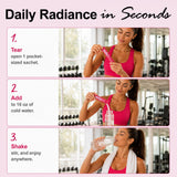 Evie Beauty Fuel bebida en vaso después de mezclar, hidratación instantánea