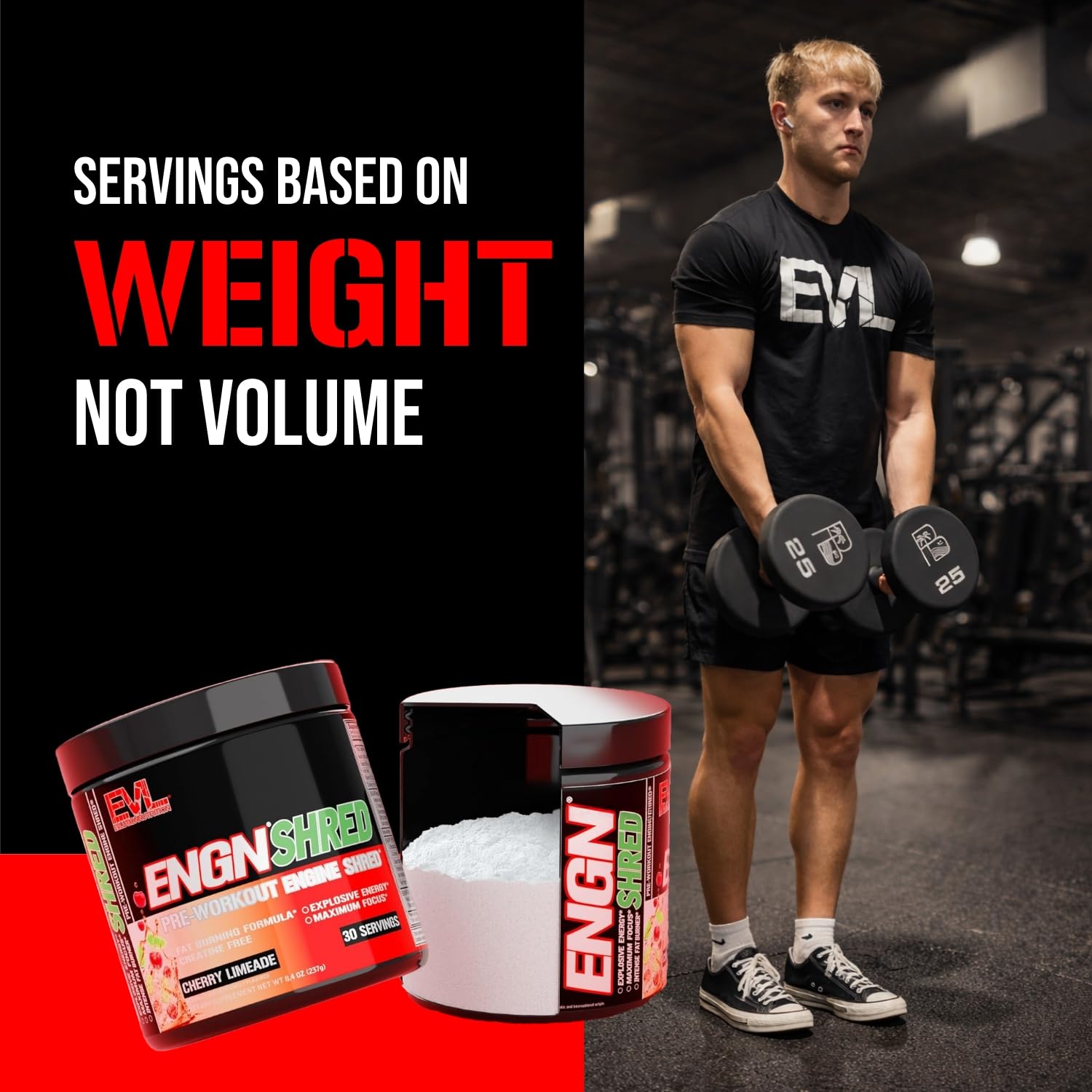 Evlution EVL deportista en gimnasio tomando ENGN Shred antes de entrenamiento intenso