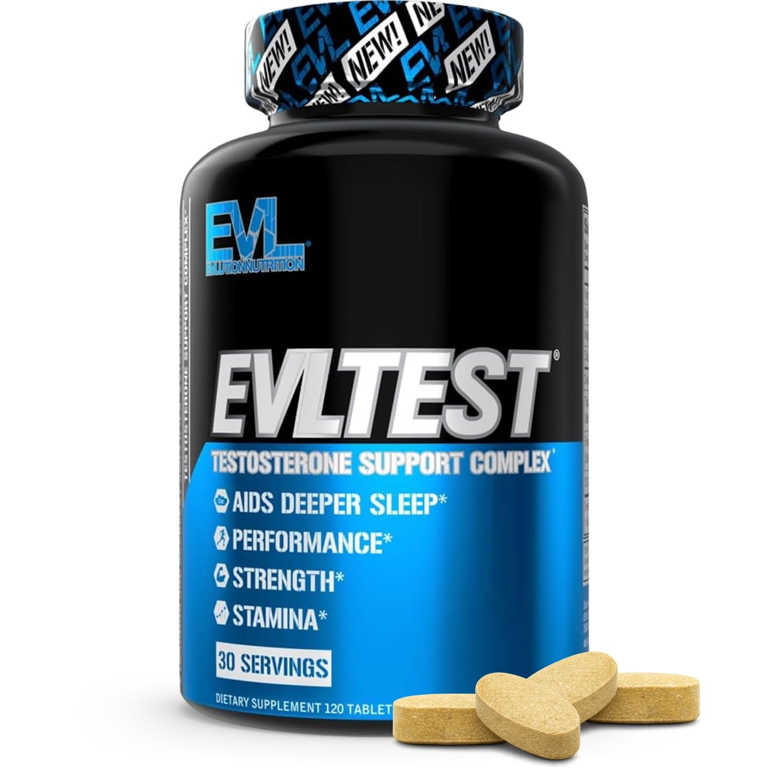 Evlution EVLTest frasco frontal mostrando diseño y beneficios visibles