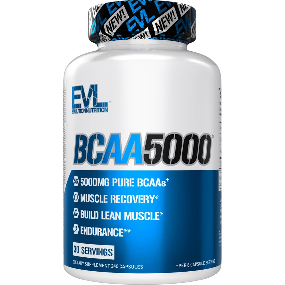 Evlution BCAA5000 frontal del envase que muestra 30 porciones y 5 g por servicio