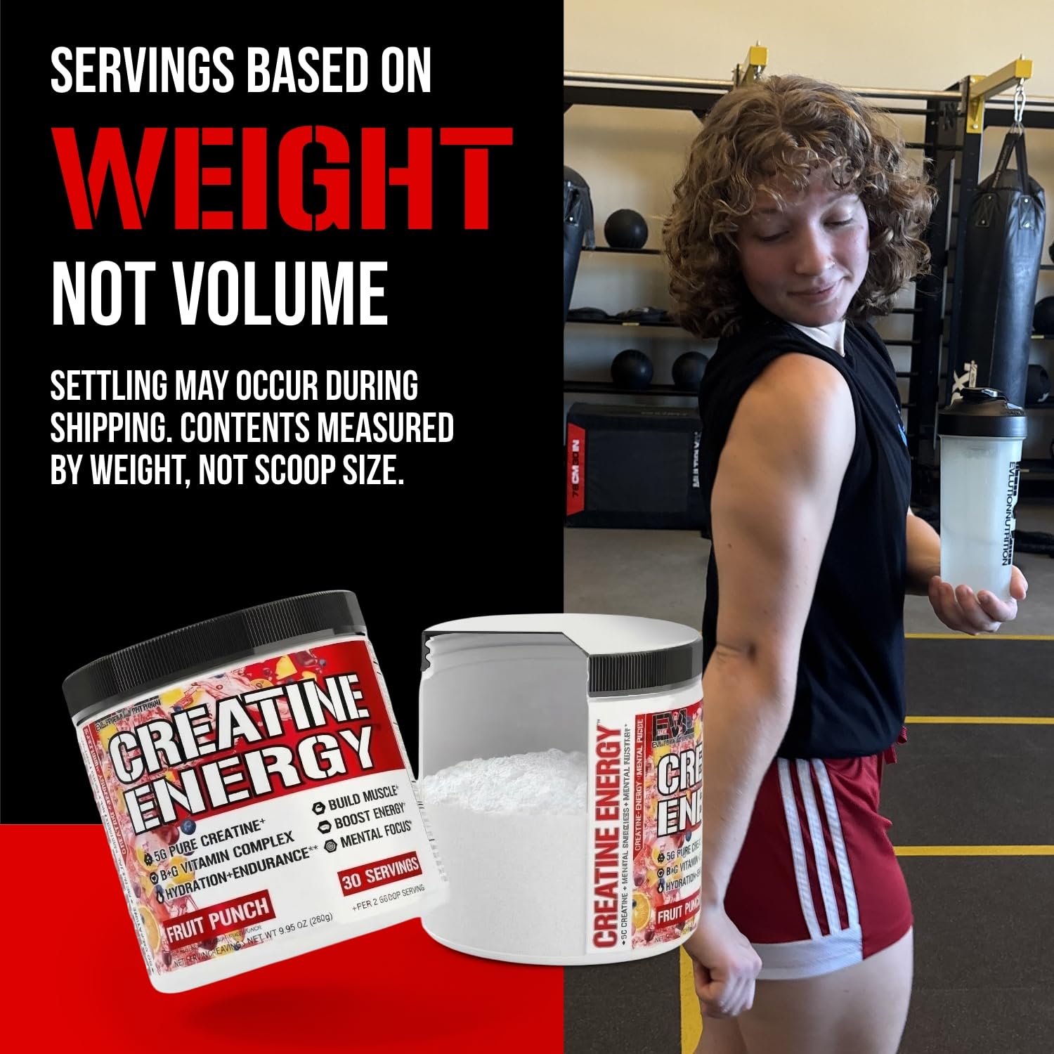 Evlution Creatine Energy deportista mezclando el suplemento antes del entrenamiento