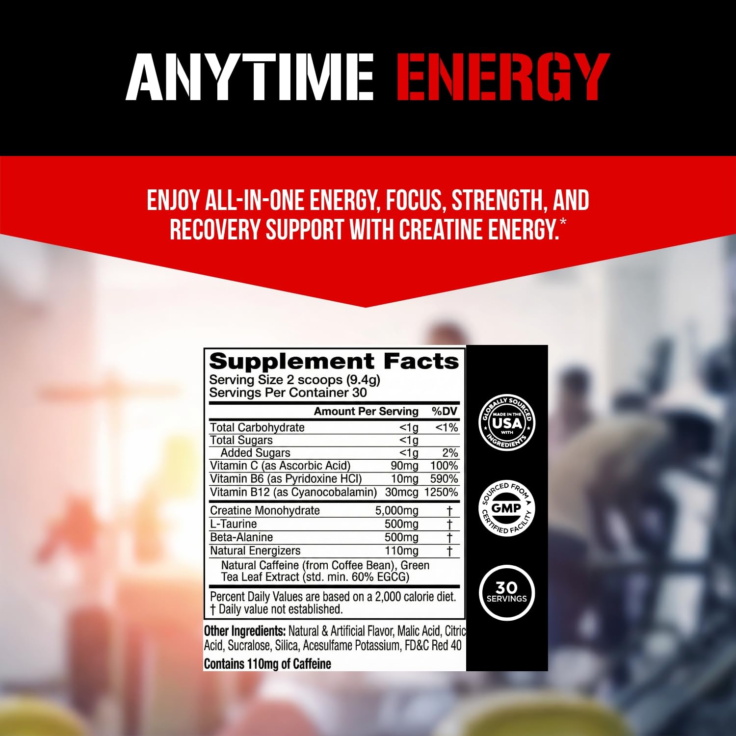 Evlution Creatine Energy etiqueta nutricional con detalles de creatina y cafeína visibles