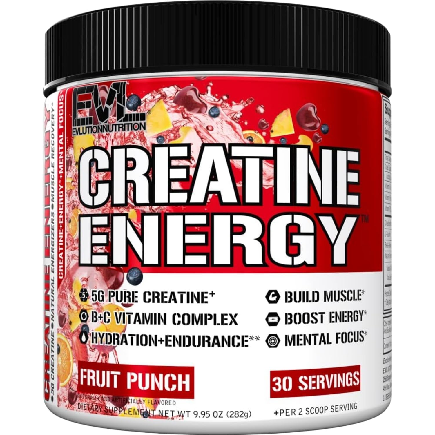Evlution Creatine Energy vista frontal del envase mostrando sabor Fruit Punch y diseño