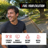 Evlution ingredientes activos sobre fondo limpio, muestra creatina, cafeína y vitaminas