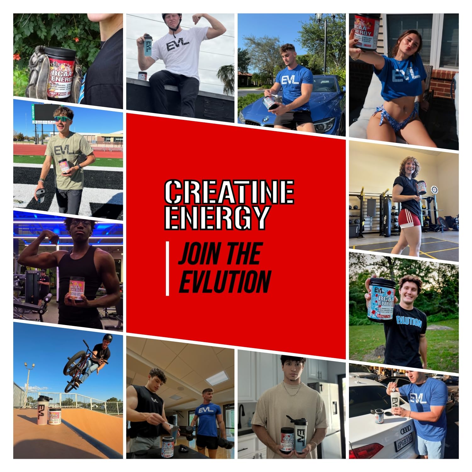 Evlution Creatine Energy en una escena lifestyle junto a equipo de gimnasio y botella