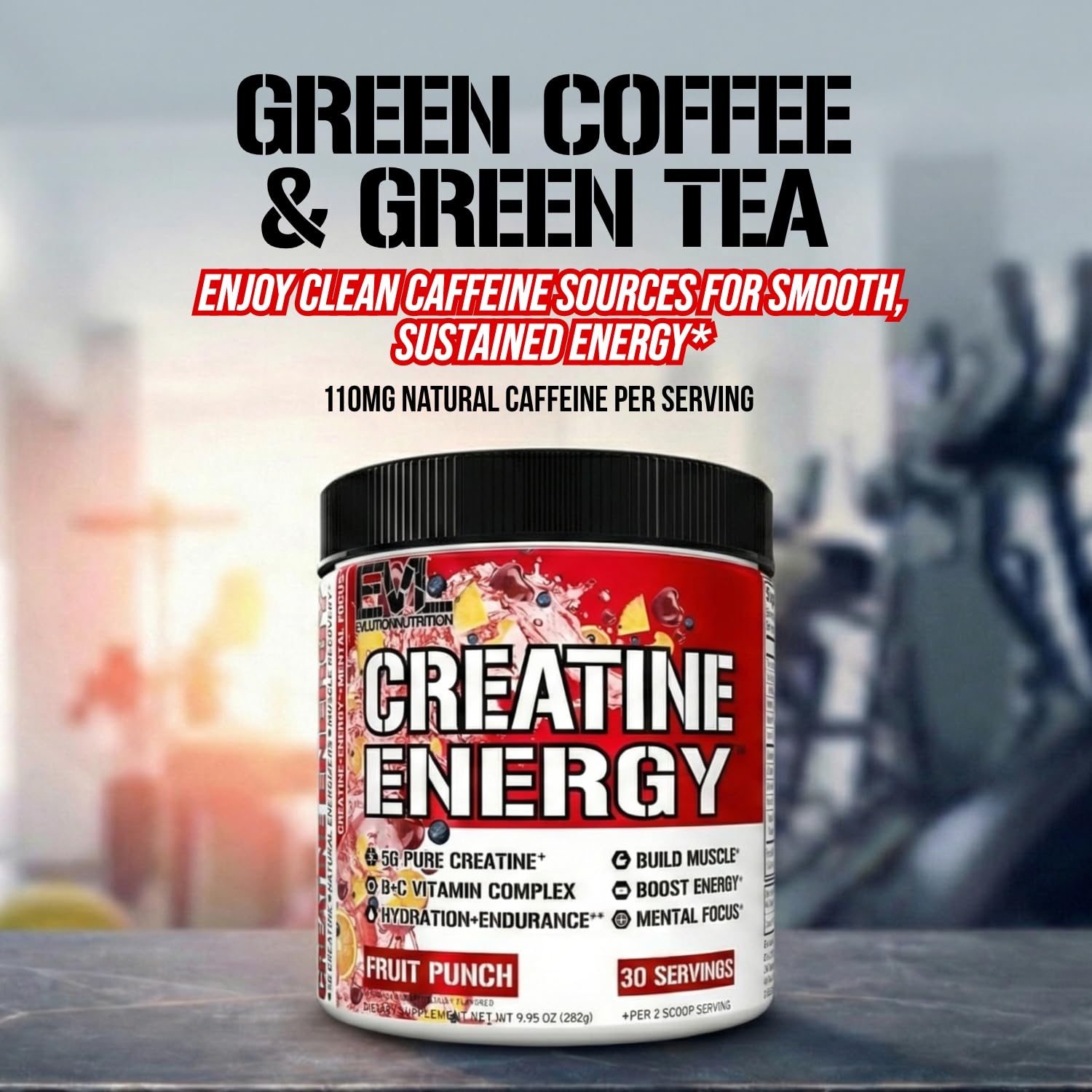 Evlution Creatine Energy tarro abierto con scoop visible para medir la dosis fácilmente