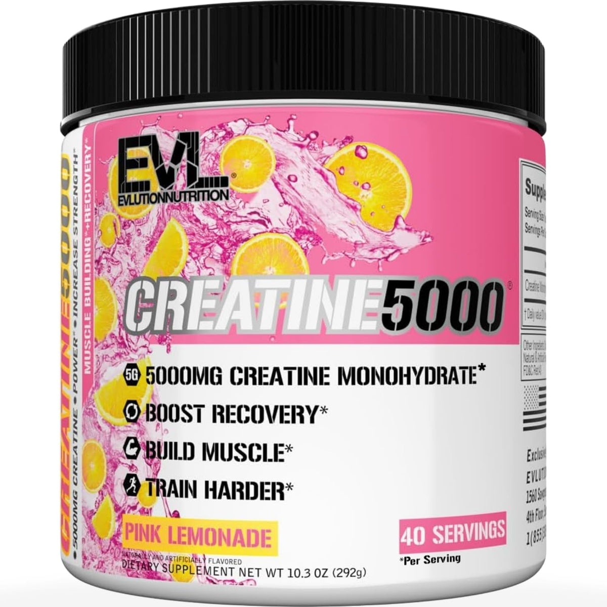 Evlution envase frontal Creatine 5000 mostrando tamaño y sabor Pink Lemonade