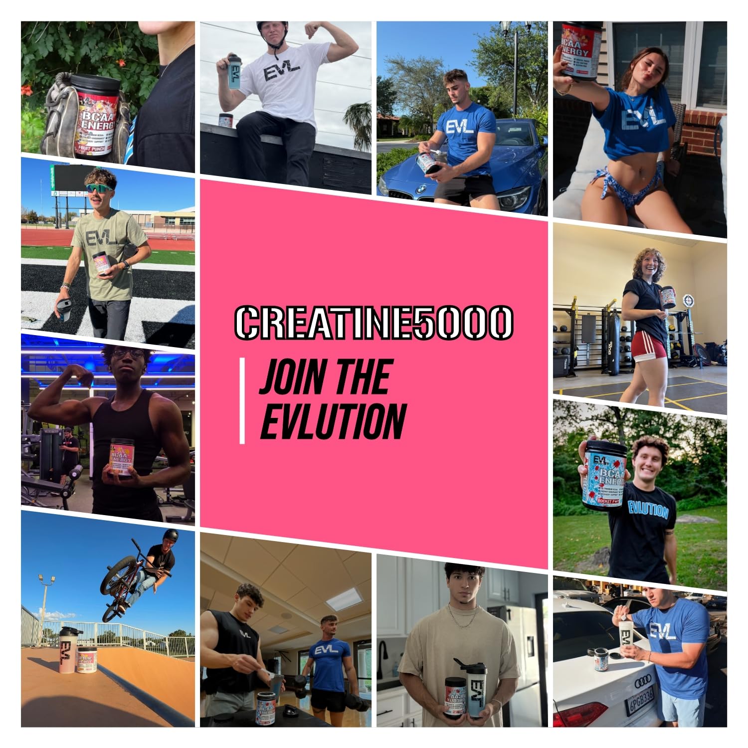 Escena lifestyle con Evlution Creatine 5000 en mochila deportiva antes de entrenar