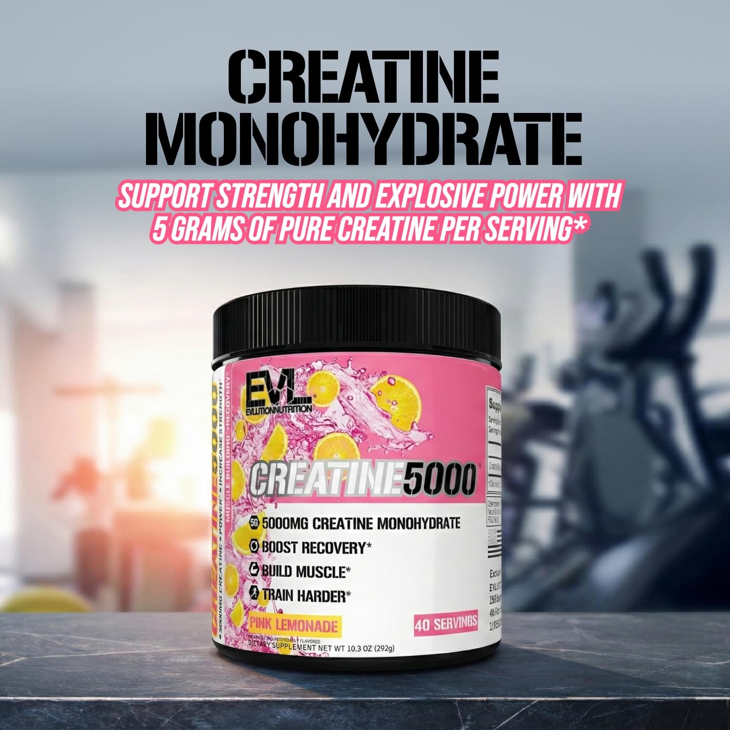 Detalle del polvo de Evlution Creatine 5000 con textura fina para mezclas rápidas