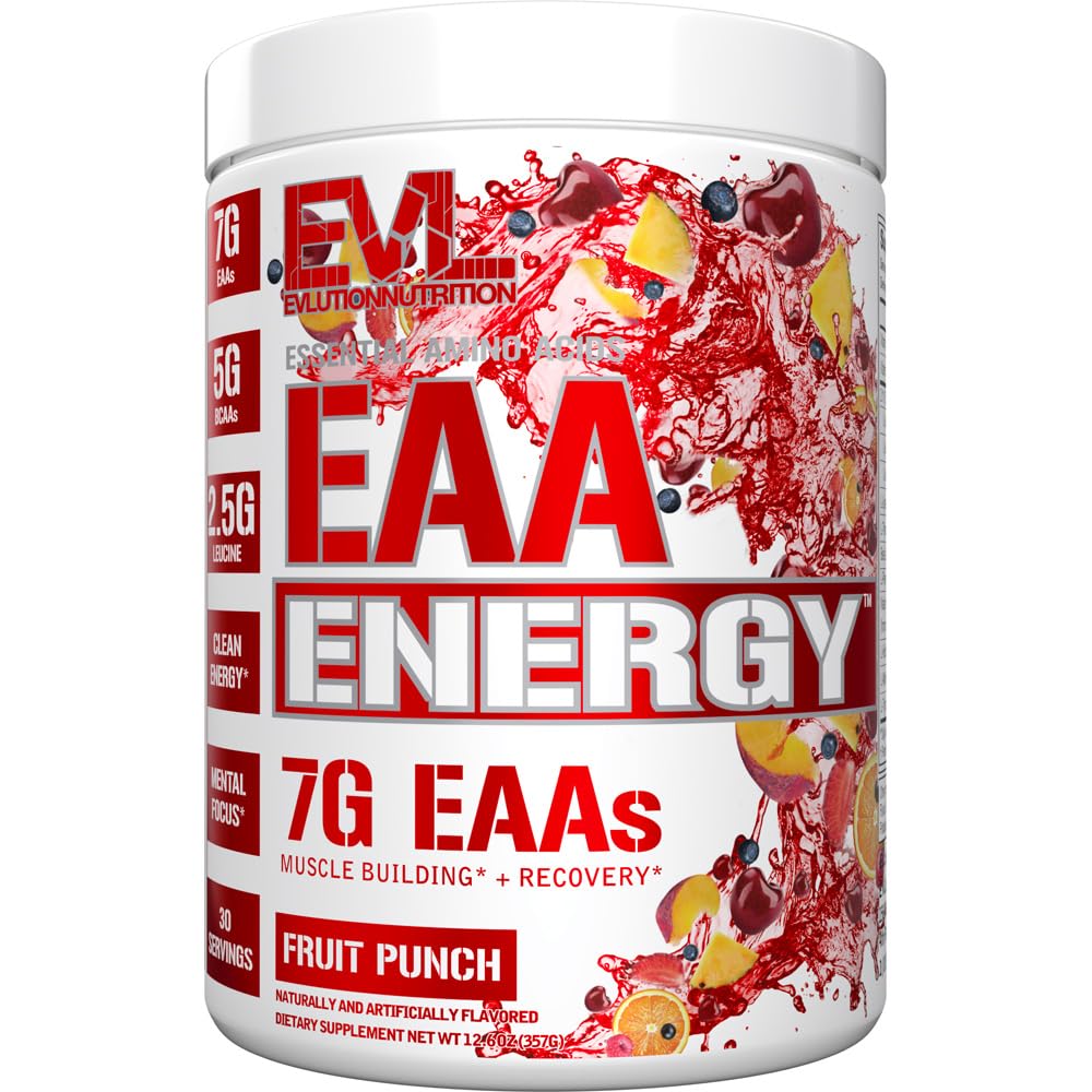 Evlution envase frontal mostrando sabor Fruit Punch y beneficios energéticos