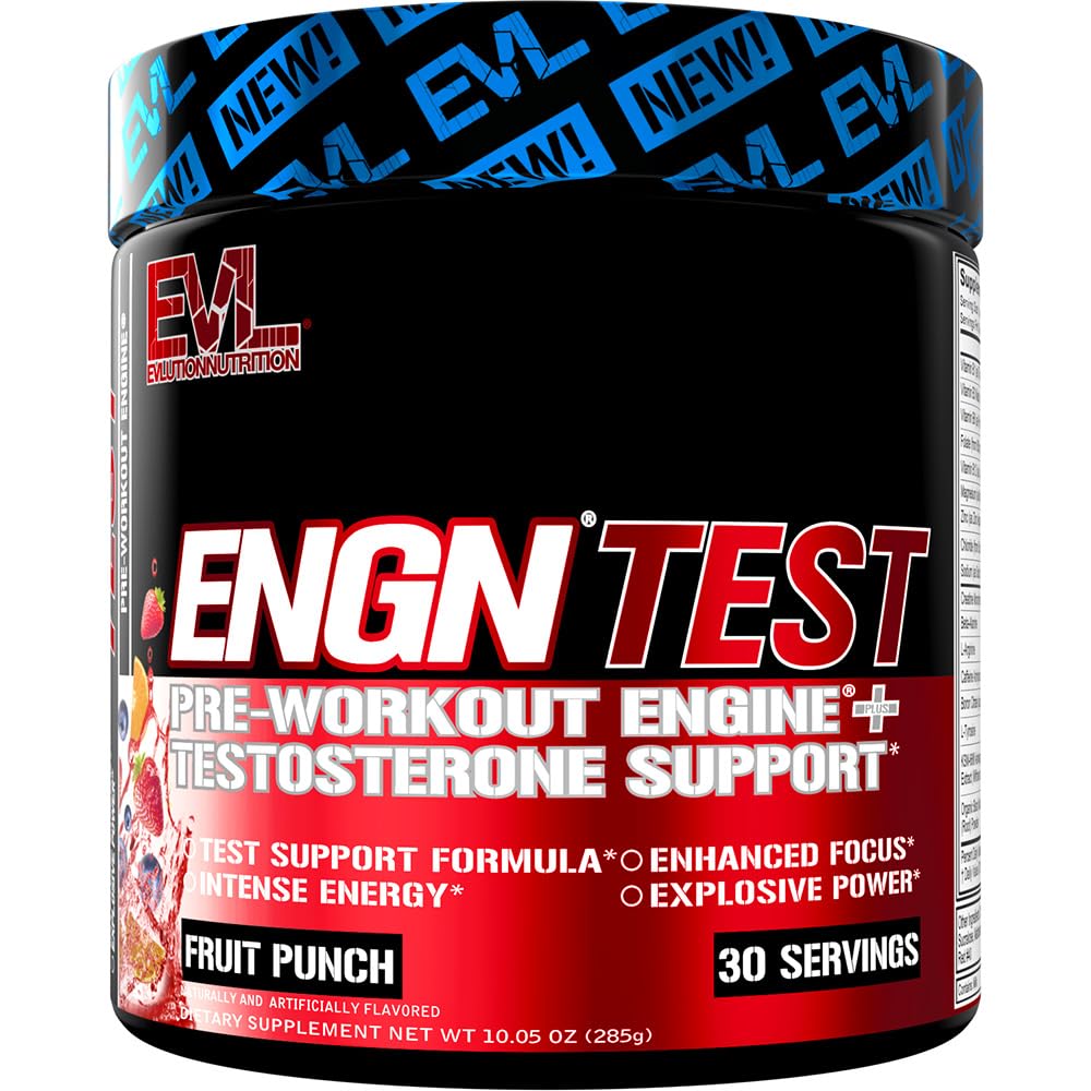 Evlution ENGN Test frente del empaque mostrando la marca y el sabor Fruit Punch para identificar el producto