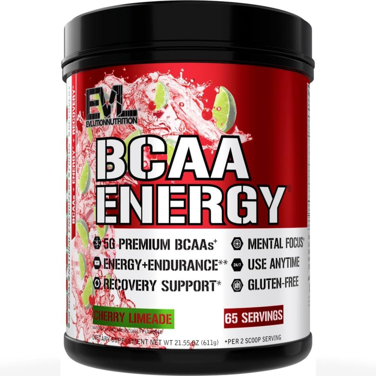 Evlution envase frontal BCAAs mostrando sabor Cherry Limeade y atractivo visual