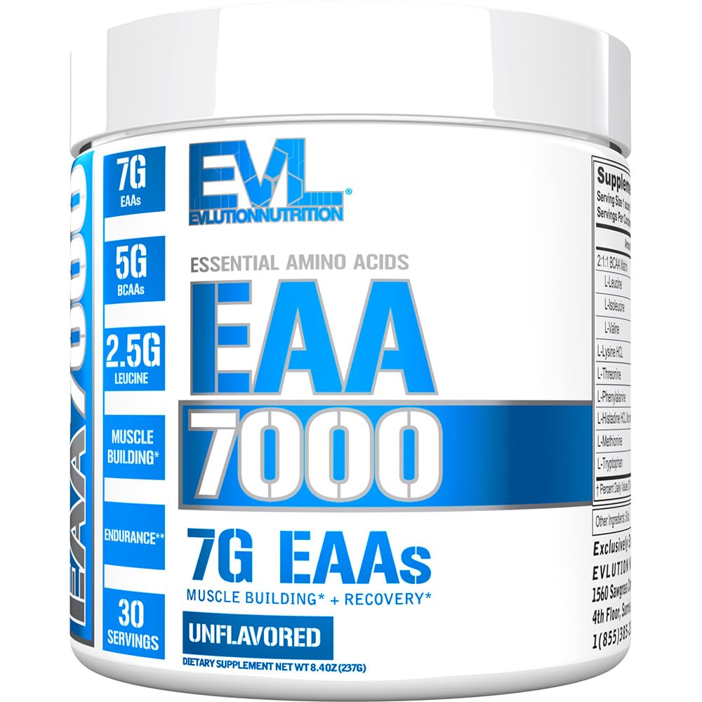 Evlution envase frontal del polvo EAA sin sabor mostrando diseño y tamaño