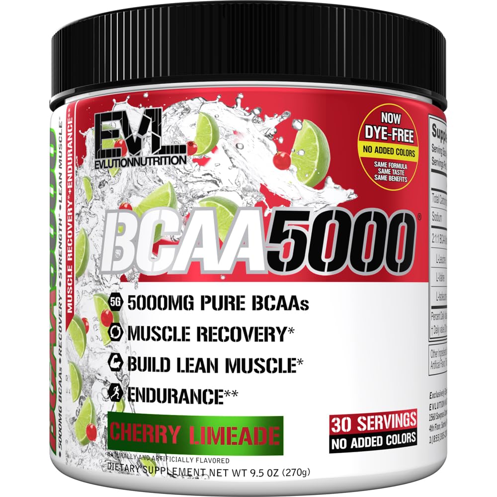 Evlution EVL BCAAs vista frontal del envase mostrando el sabor Cherry Limeade