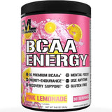 Evlution EVL BCAAs frente del envase mostrando sabor Pink Lemonade y beneficio recuperación