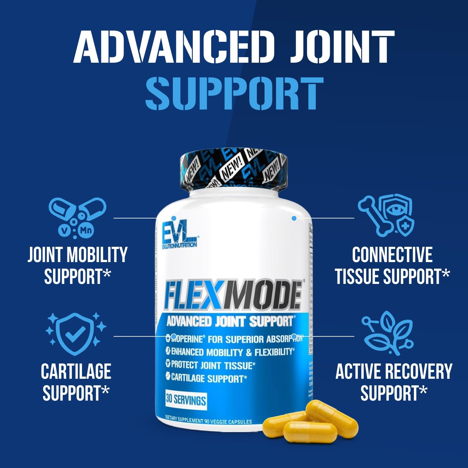 Evlution FLEXMODE ingredientes clave en cápsulas y polvo