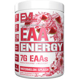 Evlution frente del envase EAAs con sabor watermelon, presentación clara y beneficio energético