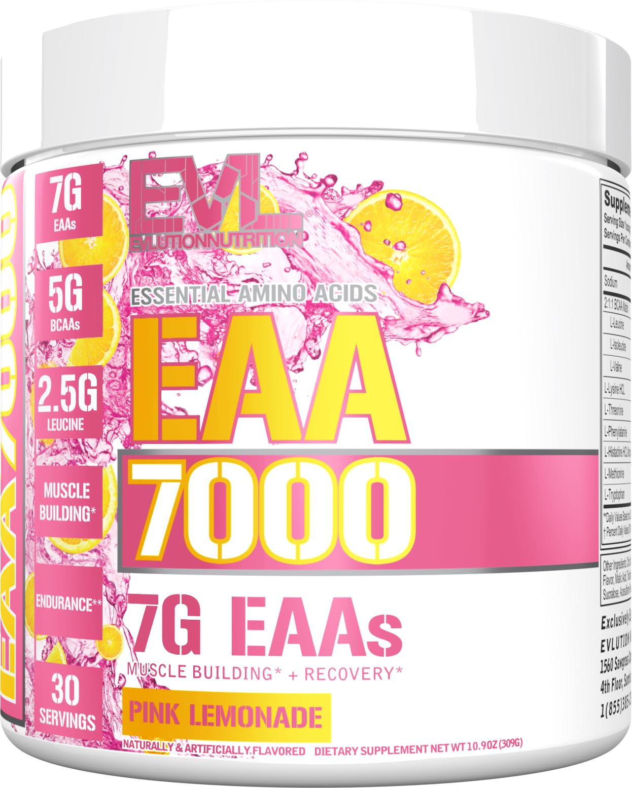 Evlution frente del envase mostrando 30 servicios y sabor Pink Lemonade, fácil identificación