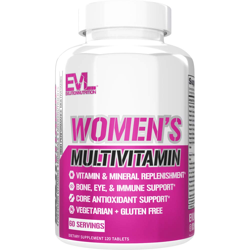 Evlution botella frontal mostrando 120 tabletas y beneficio multinutrientes