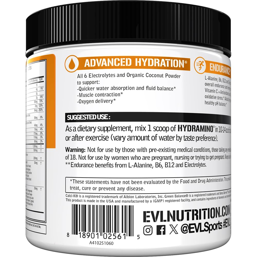Evlution etiqueta Hydramino lista de ingredientes y electrolitos clave legible