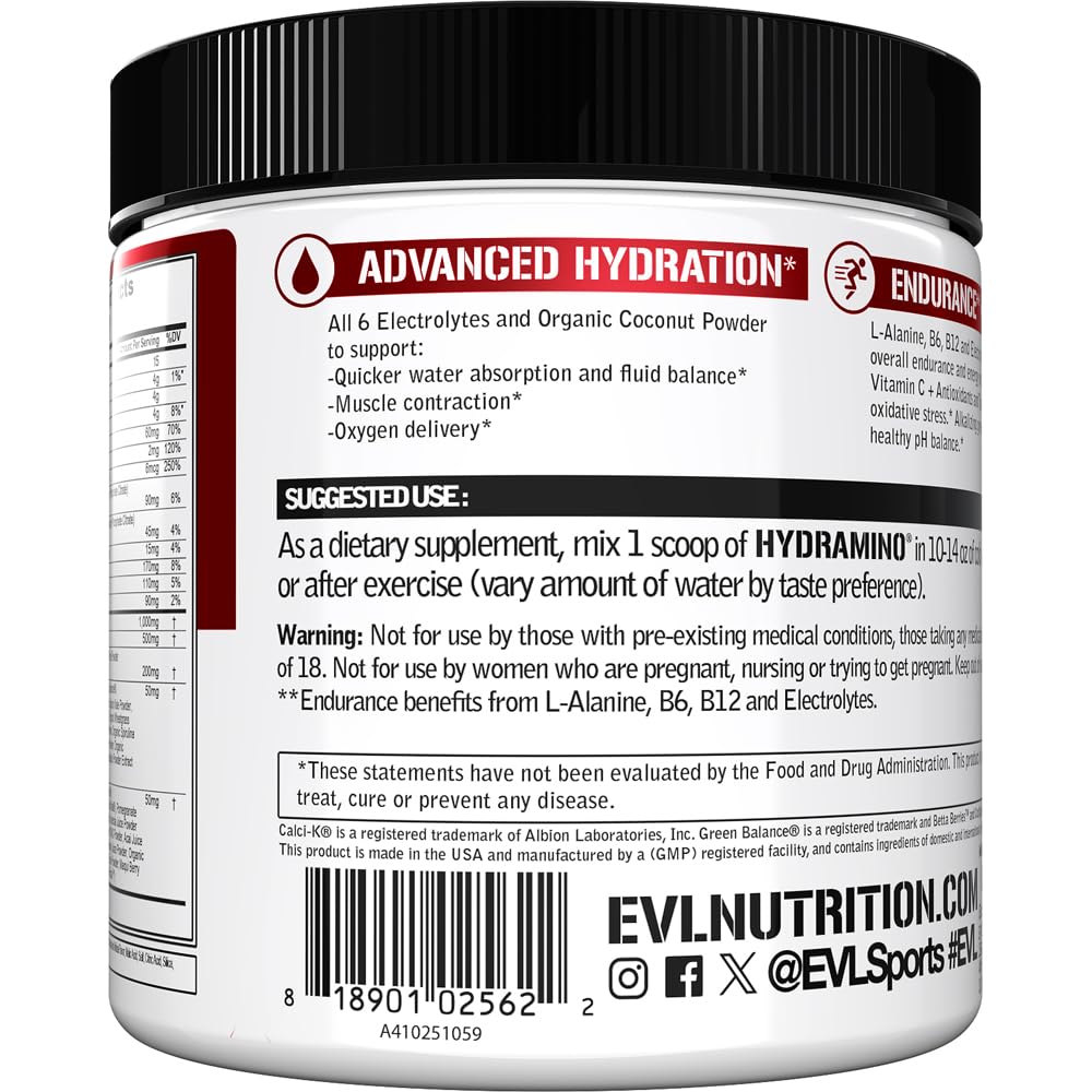 Evlution Hydramino etiqueta con información nutricional y lista de electrolitos
