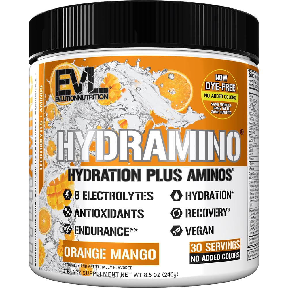 Evlution envase Hydramino frente mostrando sello cGMP y beneficio hidratación