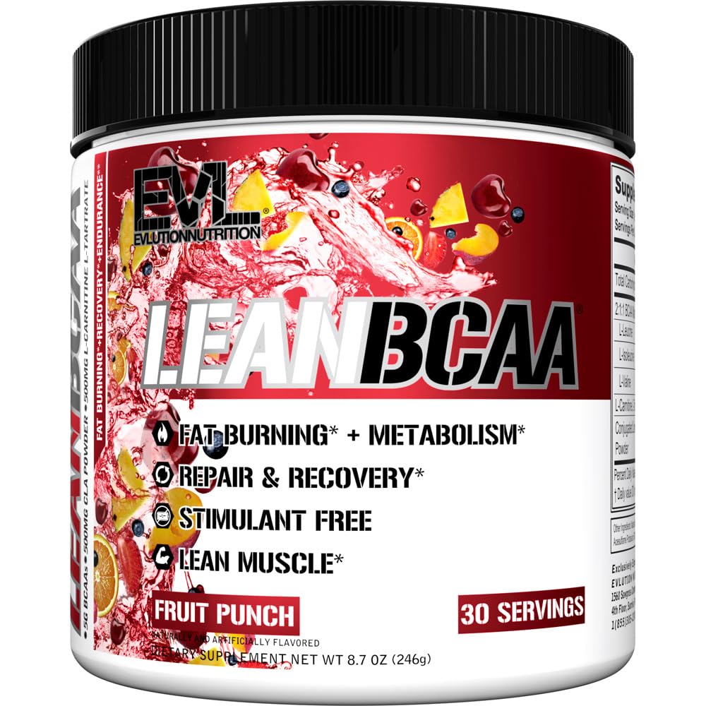 Evlution envase frontal Lean BCAA Fruit Punch mostrando diseño y beneficio recuperación