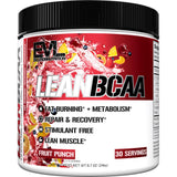 Evlution envase frontal Lean BCAA Fruit Punch mostrando diseño y beneficio recuperación