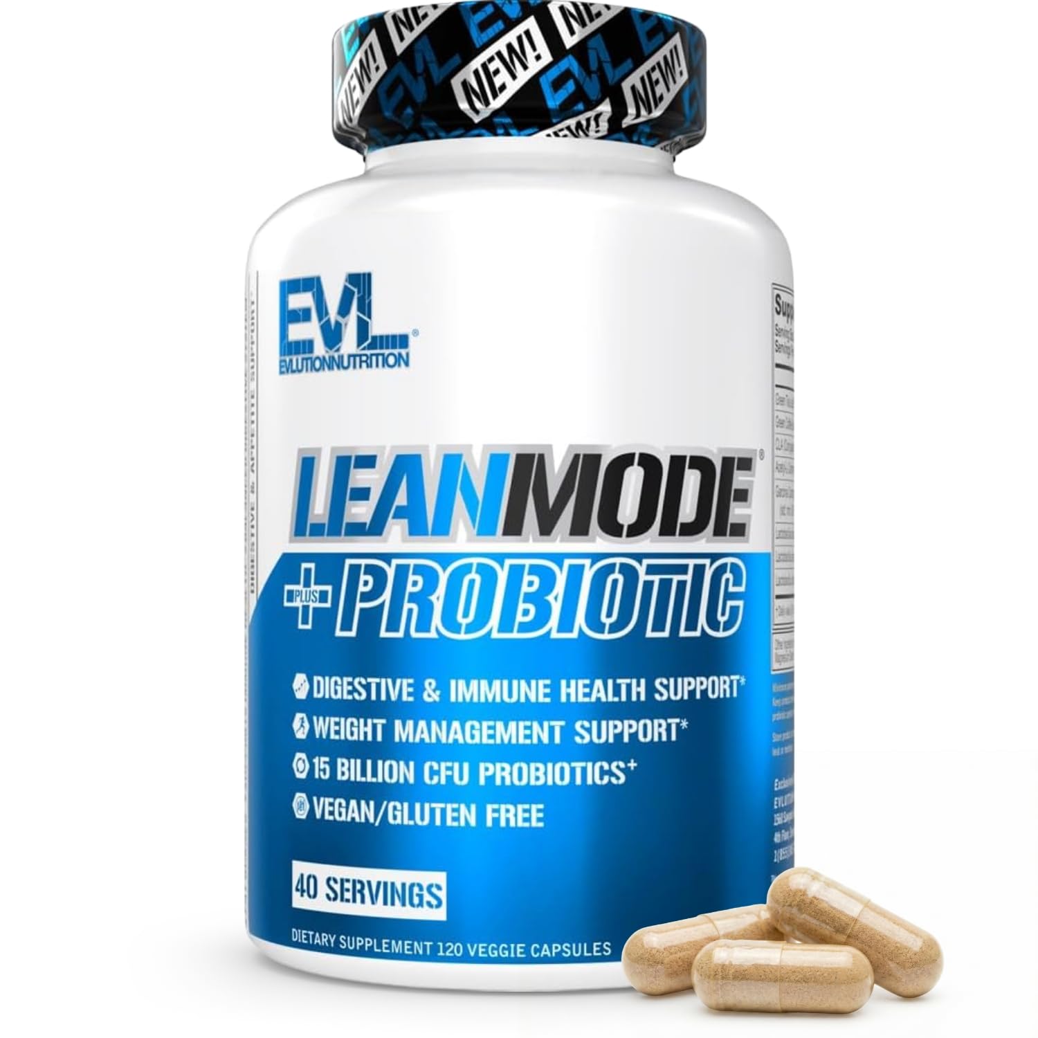 Evlution LeanMode + Probiotic frontal con etiqueta clara y beneficios visibles