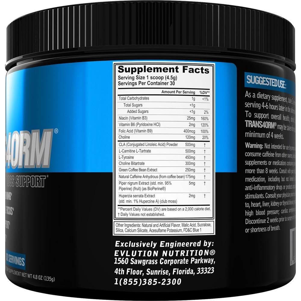 Evlution Trans4orm frasco rotulado, calidad cGMP y apoyo al metabolismo