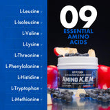 Etiqueta de Evogen Amino K.E.M. detalle de EAAs y mezclas funcionales