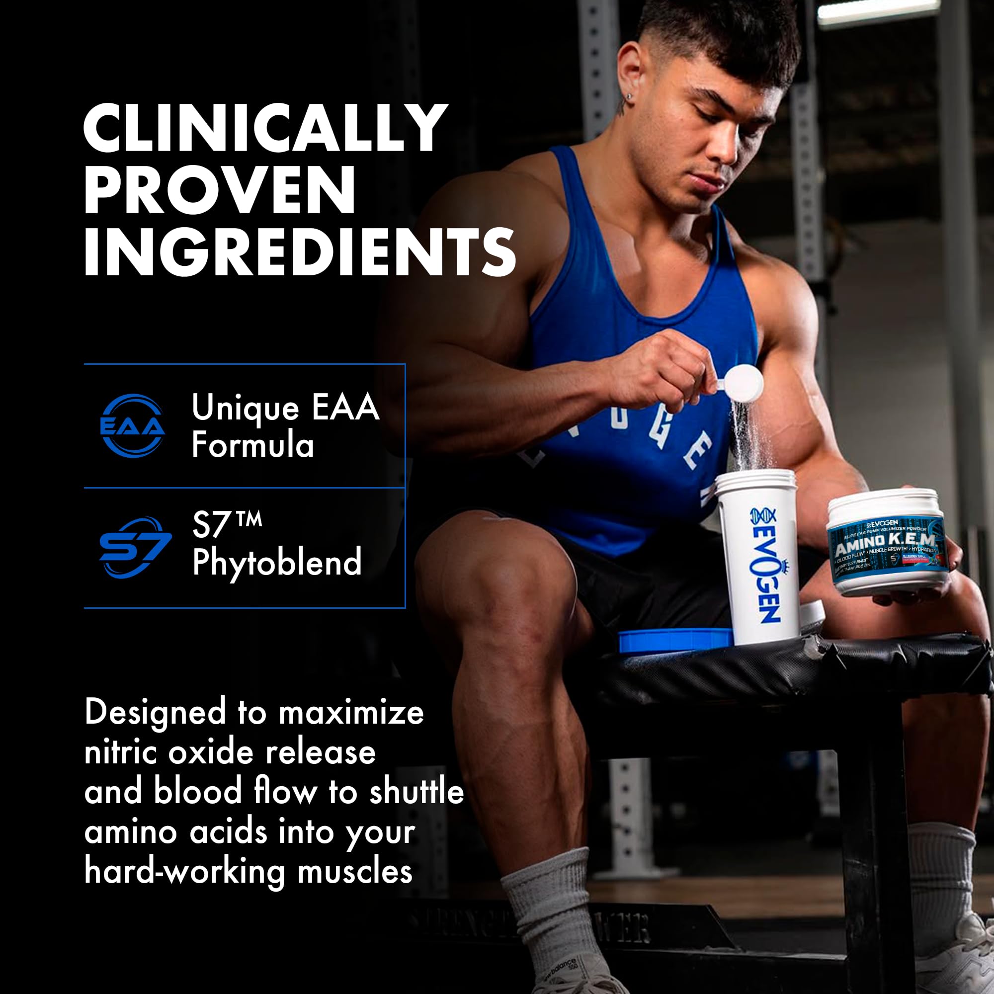 Cucharada con porción de Evogen Amino K.E.M. lista para mezclar en el gym