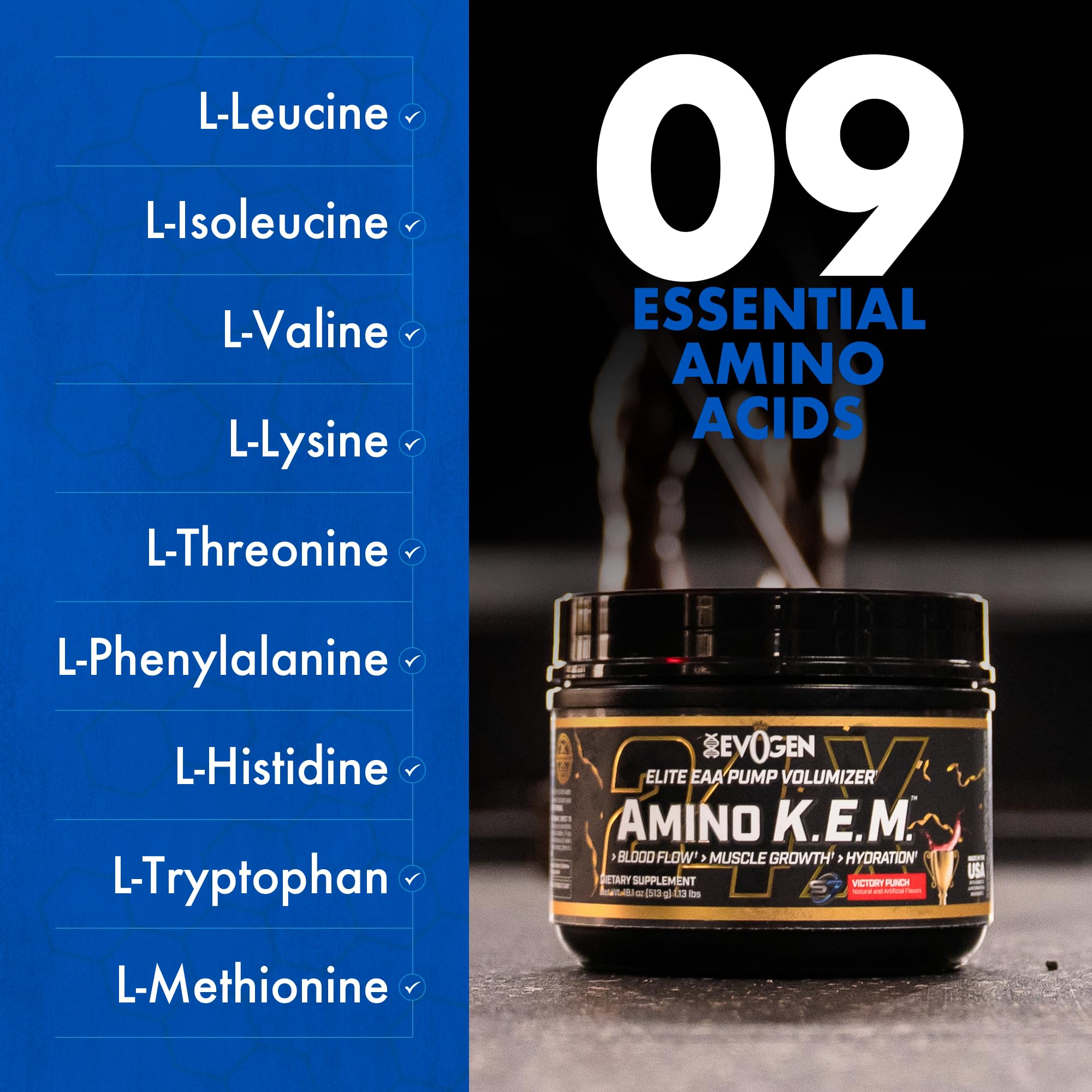 Atleta en gimnasio usando Evogen Amino K.E.M. para mayor bombeo muscular