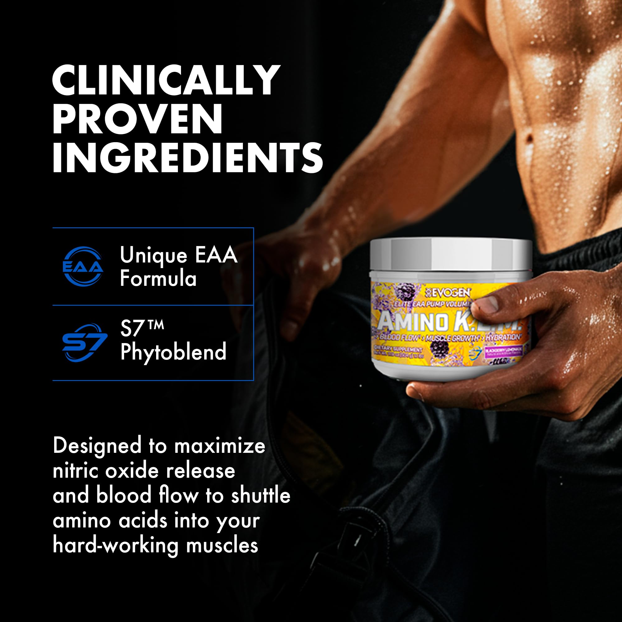 Evogen Amino K.E.M comparativa de tamaño del envase mostrando 30 servicios prácticos