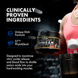 Detalle de etiqueta Evogen Amino K.E.M. con lista de aminoácidos y mezclas